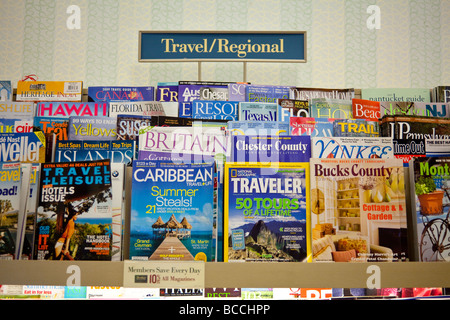travel and regional magazines on shelves, Barnes and Noble, USA Stock Photo