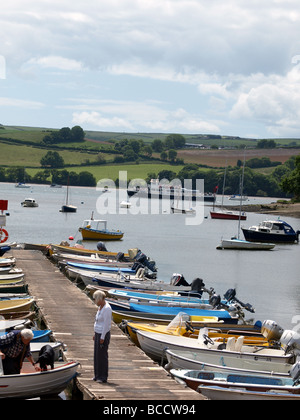 The creek and moorings,with the river dart cruise boat going past at Stoke Gabriel,Paignton,Devon. Stock Photo