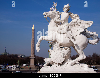 Equestrian statue at Place de la Concorde Paris with the Obelisk and the Eiffel Tower in the background France Stock Photo