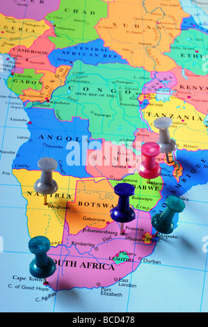 Map pins in Southern Africa map Stock Photo