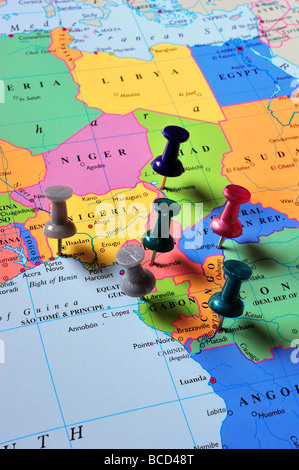 Map pins in Central & West Africa map Stock Photo