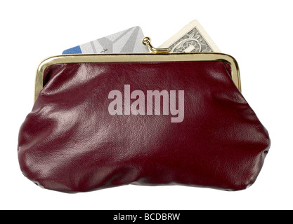 burgundy leather purse  money  credit card dollar elevated view Stock Photo