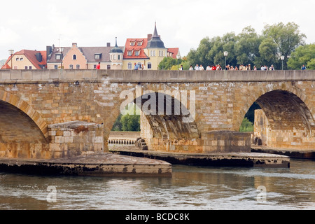 Regensburg's Stone Bridge (Steinerne Brucke) over Danube (Donau) River Stock Photo