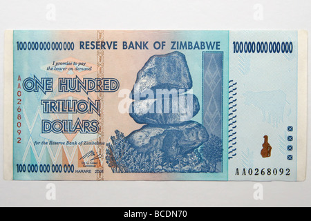 bank note of one hundred trillion dollars, from zimbabwe. Bank note with the highest nominal value in history