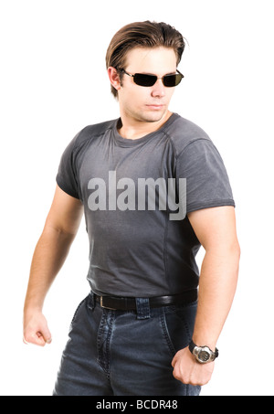 Strong man in sunglasses Isolated on white Stock Photo