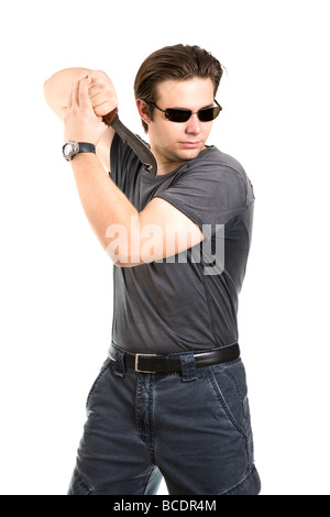 Strong man with army knife Isolated on white Stock Photo