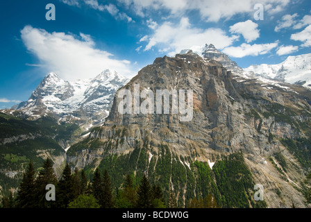 Eiger Monch and the lower part of the Jungfrau mountain view from Muerren Switerzland Stock Photo