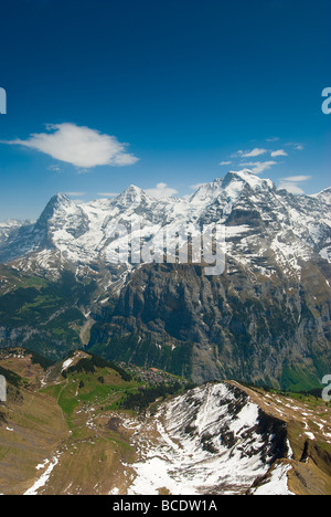 Eiger Moench and Jungfrau mountain peaks view from Schilthorn Switzerland Stock Photo