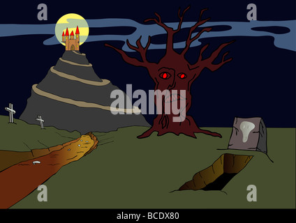 Illustration of the old haunted castle on the hill Stock Photo