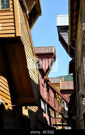 18th Century wooden warehouses, Bryggen, Bergen, Hordaland, Norway Stock Photo