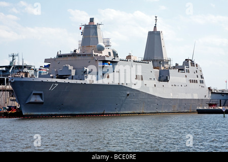 The USS San Antonio LPD 17 advanced marine navy stealth battle ship anchored in Norfolk Virginia Stock Photo