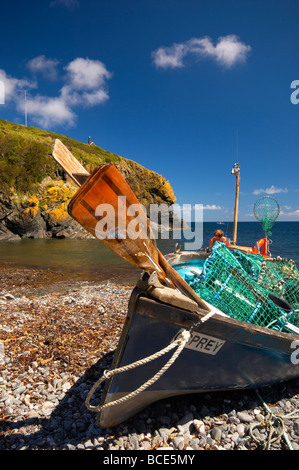 Small fishing boat and oars on the beach at Cadgwith Cove on a bright Summer day on the Cornish coast Cornwall UK Stock Photo