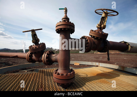 Valves on a bore hole that delivers pressurized steam to the power station at Krafla, Iceland Stock Photo