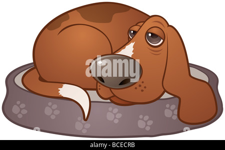 Vector cartoon illustration of a sleepy hound dog lying on a paw print dog bed. Stock Photo