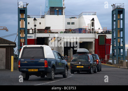 cars boarding the rear of the vehicle deck of the norfolkline passenger car ferry mersey viking in port in belfast Stock Photo