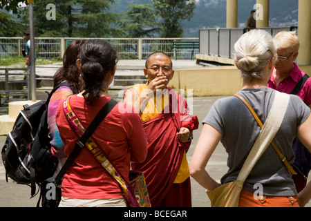 Buddhist monk guiding tourists around the Namgyal temple in the Tsuglagkhang Complex. McCleod Ganj. Himachal Pradesh. India. Stock Photo