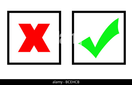 Green tick and red cross marks in two boxes isolated over white background Stock Photo