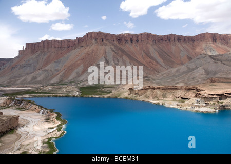 A shrine, right, is on the shore of Haibat, one of six lakes of Band-e Amir, declared Afghanistan's first national park in 2009 Stock Photo
