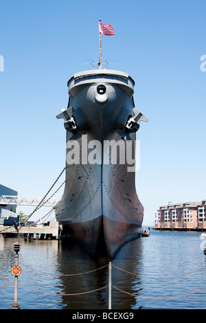 Bow of the USS Wisconsin BB 64 The most advanced battle ship iowa class of the United States Navy anchored in Norfolk Virginia Stock Photo