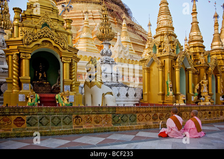 Myanmar, Burma, Yangon. Two young Buddhist nuns pray at the Shwedagon Golden Temple complex. Stock Photo