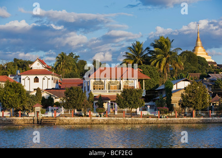 Myanmar. Burma. Lake Naung Tung. Colonial-style buildings surround Lake Naung Tung, in the centre of Kengtung. Stock Photo