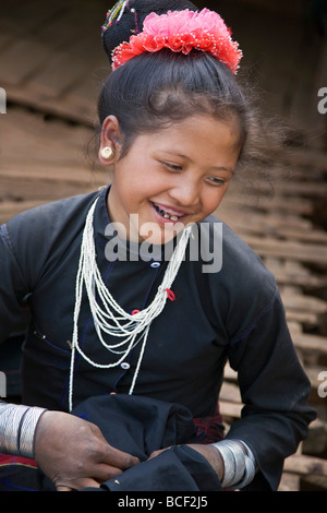 Myanmar, Burma, Pan-lo. A woman of the small Ann tribe in traditional attire with blackened teeth. To ward off evil spirits. Stock Photo