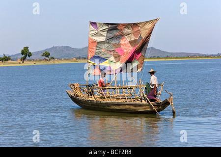 Myanmar, Burma, Kaladan River. A traditional sailing boat on the Kaladan River. Stock Photo