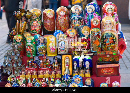 Russia, Moscow. Souvenir stand with dolls (matrioshka). Stock Photo