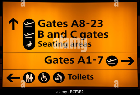 Departure gate sign, Terminal 5, Heathrow airport, London, England Stock Photo