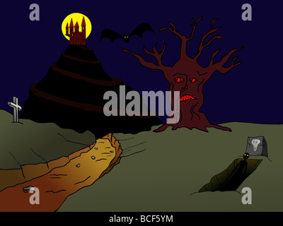 old haunted castle on the hill and incubus rising from the grove and flying bat Stock Photo