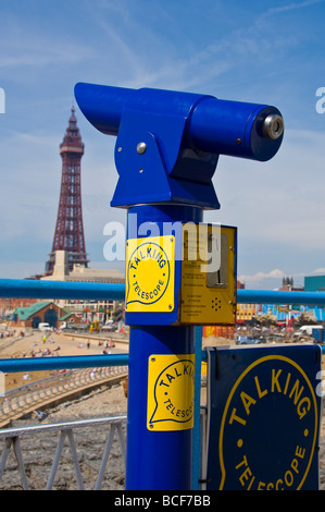 Talking telescope viewing the tower and Golden Mile Blackpool Lancashire England UK United Kingdom GB Great Britain Stock Photo