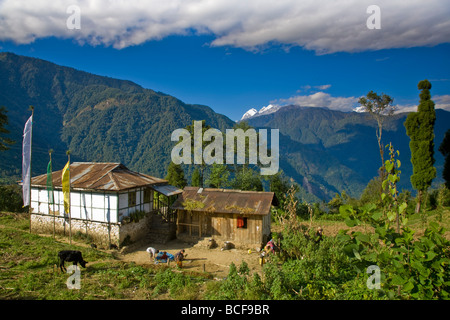 India, Sikkim, Khecheopalri Lake, House with Kanchenjunga range in background Stock Photo