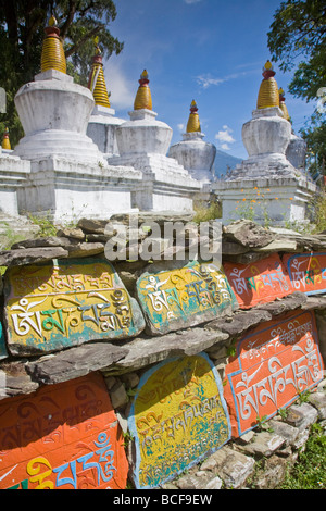 India, Sikkim, Tashiding, Tashiding Gompa, Chortens and Mani wall Stock Photo