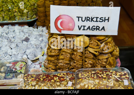 Turkey , Istanbul , Spice Market or Misir Carsisi or Egyptian Bazaar , shop or store selling dried fruit , nuts & Turkish Viagra Stock Photo