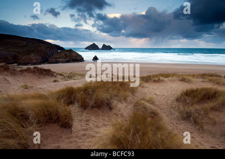 After the rain on Holywell beach soon after sunrise North Cornwall Stock Photo