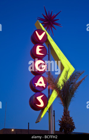 USA, Nevada, Las Vegas, Downtown, Freemont East Area, Neon Vegas sign, dusk Stock Photo