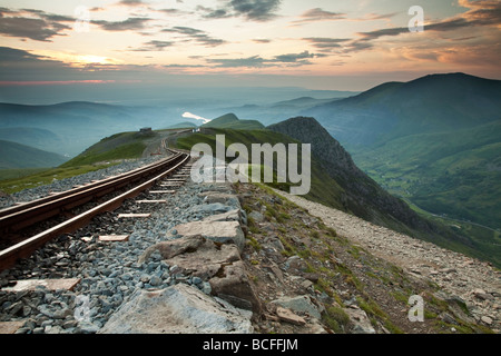 Looking down the Snowdon Mountain railway line towards Clogwyn Station and Llanberis valley from the slopes on Snowdon, Snowdoni Stock Photo