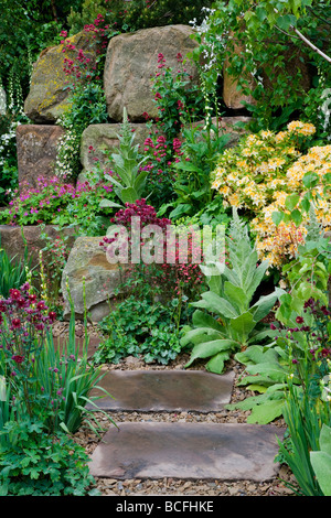 Gravel and paving pathway in garden for rainwater soakaway with mixed planting Stock Photo