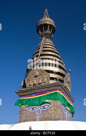 Kathmandu, Nepal.  Thirteen Stages of Perfection Rise Above the Harmika (Square Base) of the Swayambhunath Stupa. Stock Photo