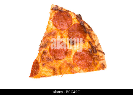 A slice of cheesy pepperoni pizza isolated on white Stock Photo