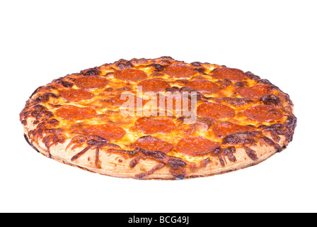 A whole cheesy pepperoni pizza just out of the oven isolated on white Stock Photo