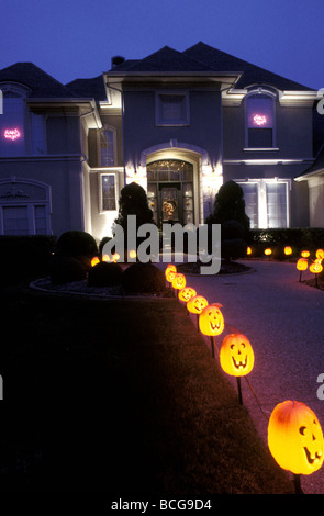 Residential House at Halloween with luminaries, Vintage 2002 Stock Photo