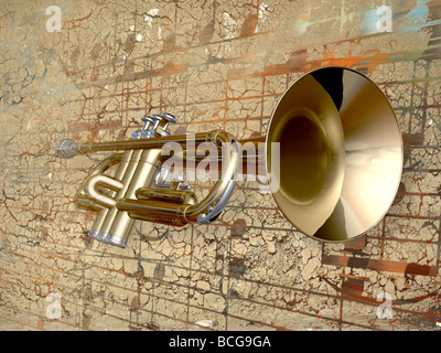 Trumpet on a musical background Stock Photo