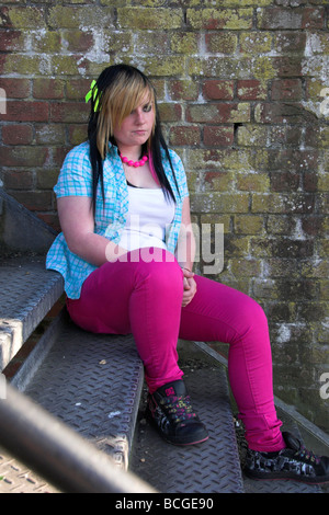 Goth Emo Girl Hanging Around Sitting on a Metal Staircase Stock Photo