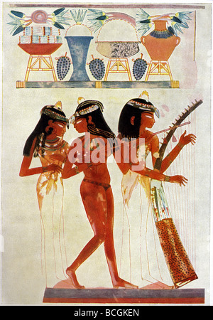 Female musicians from the Tomb of Nakht on the West Bank of the Nile at Thebes.   Above are offerings for the deceased. Stock Photo