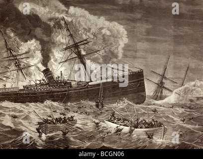 Collision and sinking of Spanish steamer Leon and English steamer Harelda off Cabo da Roca, Portugal in January, 1881. Stock Photo
