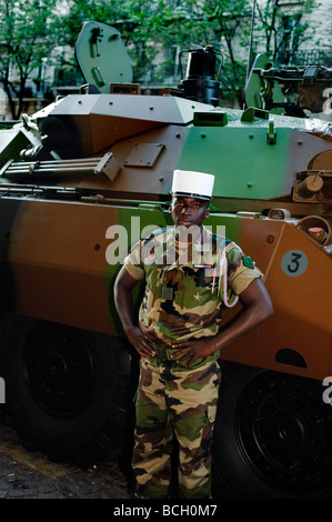 Paris France, Public Events Bastille Day, Celebration "14th of July" Military Parade on  Portrait French Army Man Soldier, Stannding Front of Tank, Stock Photo