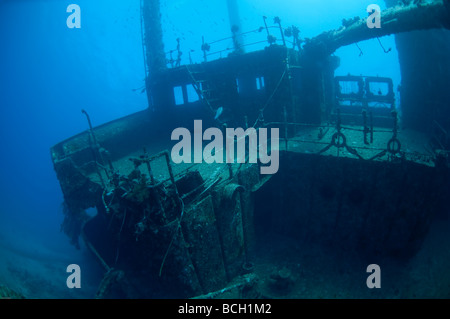 View of the superstucture of the Giannis D. a popular scuba diving shipwreck in the Red Sea near Egypt. Stock Photo