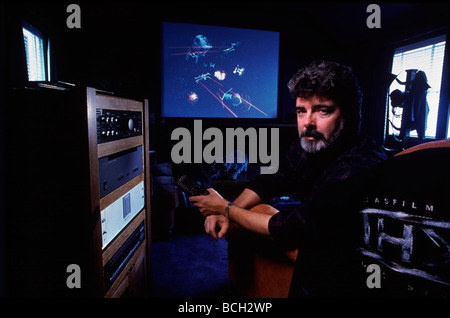 Portrait of film director George Lucas in his private screening room at Lucasfilm in Marin County, California. Stock Photo