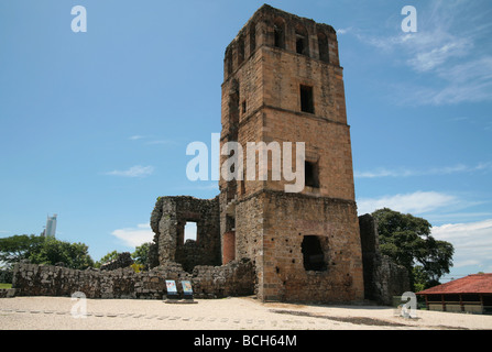 Ruins of Panama La Vieja (Old Panama), at Panama City, showing the tower and surroundings. Stock Photo